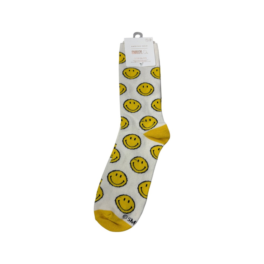 American Eagle Crew Socks Womens One Size White NWT Smiley Face Pattern Cotton